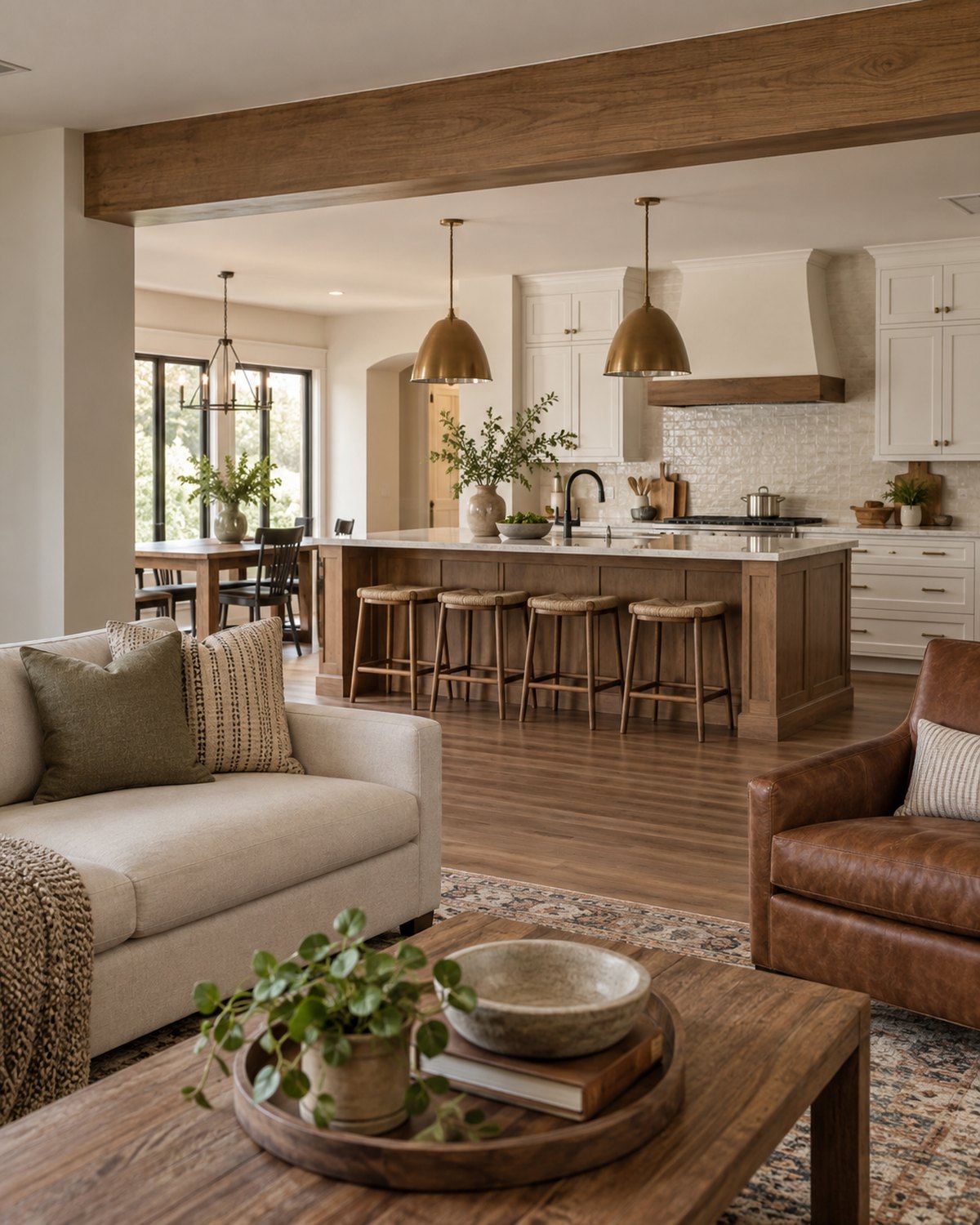 Warm finished kitchen and living area showing residential renovation work