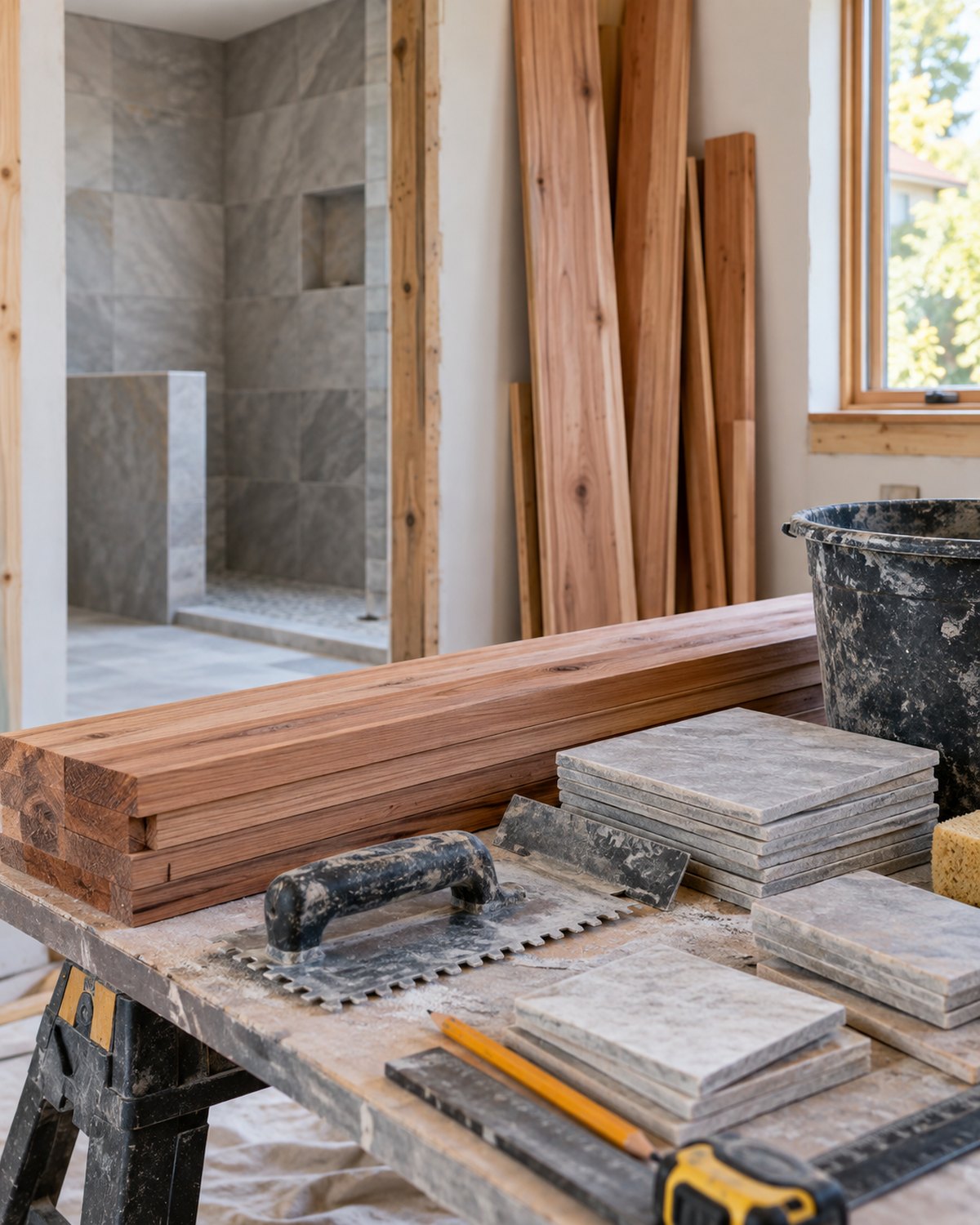 Unbranded renovation tools and wood materials arranged at a residential job site
