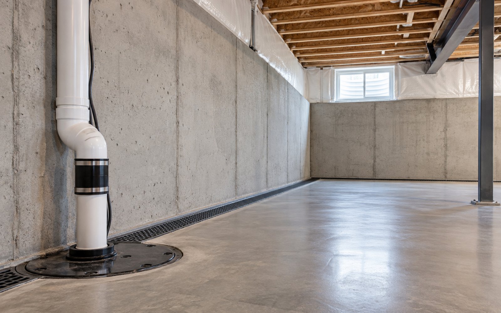 Clean dry Midwest home basement with foundation wall and drainage details