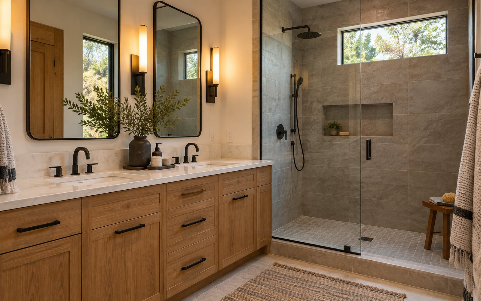 Finished bathroom with walk-in shower, tiled walls, and warm wood vanity