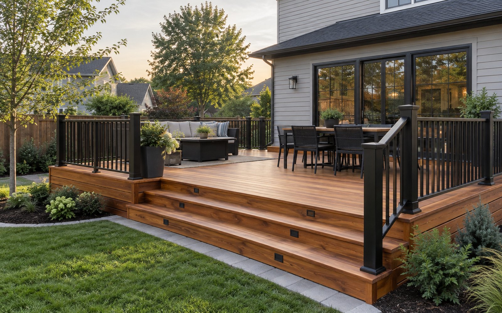 Completed cedar deck with dark railings beside a suburban Indiana home