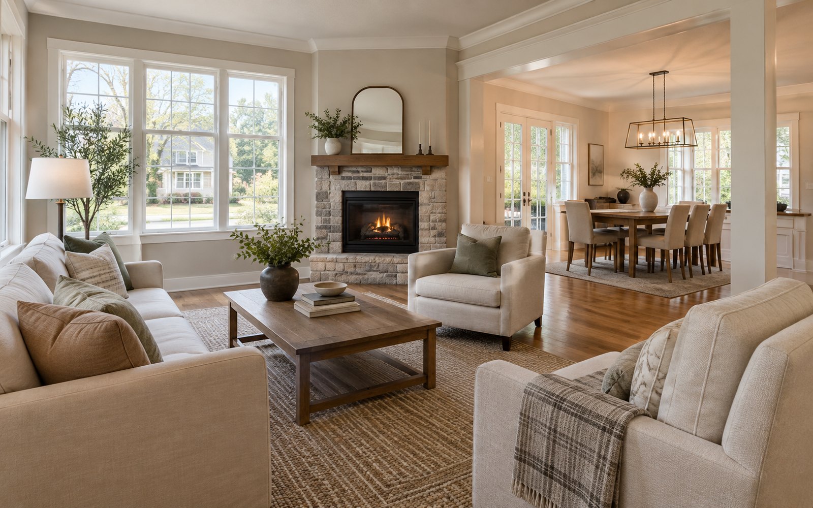 Bright renovated living room with oak flooring and black-framed windows