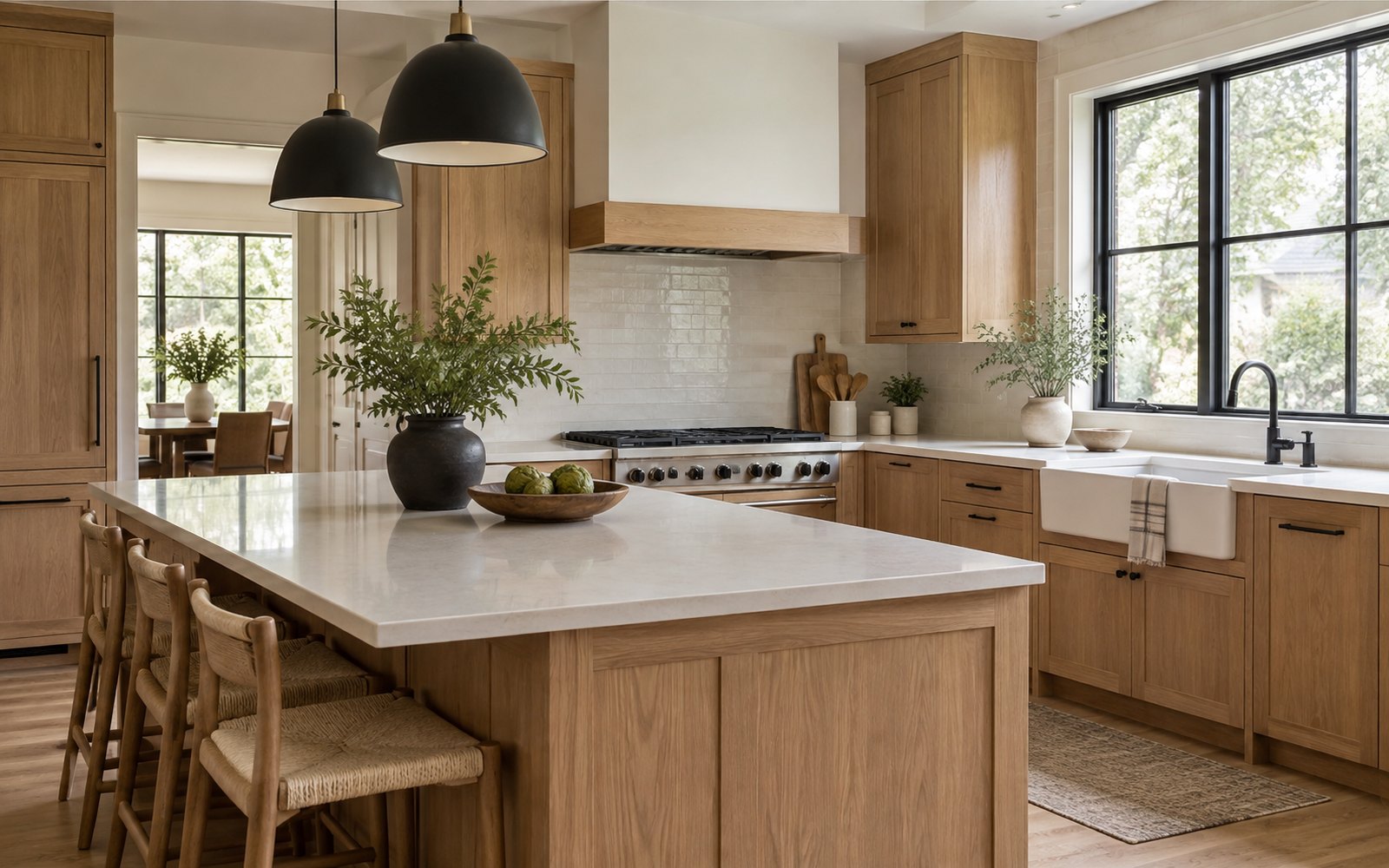 Warm finished kitchen with oak cabinetry, stone counters, and black fixtures