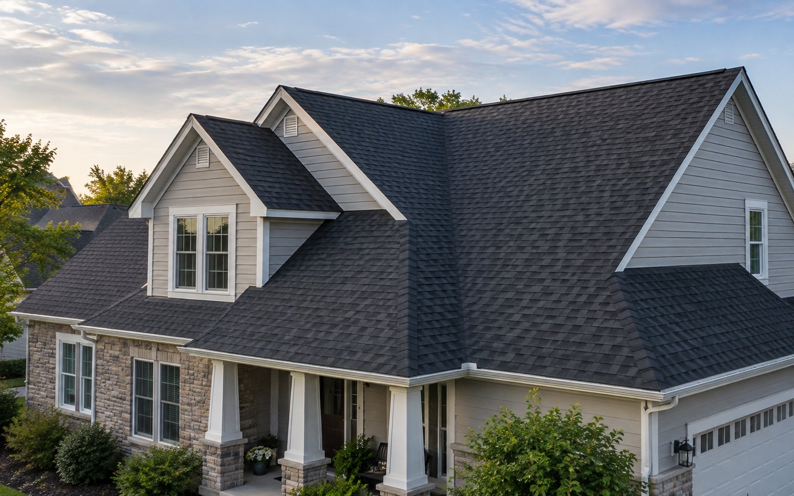 Midwest suburban home with newly installed charcoal shingle roof