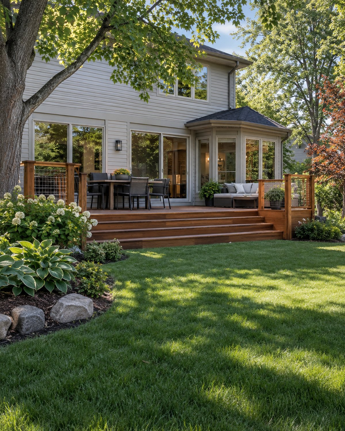 Indiana suburban house with yard, deck, and mature trees