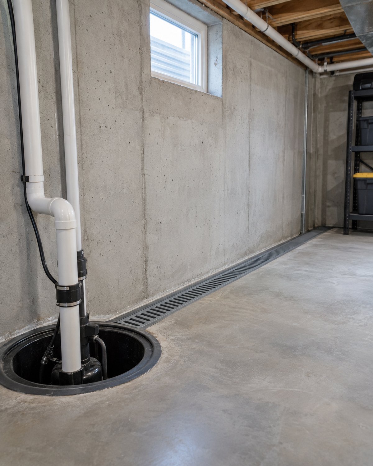 Basement wall, floor drainage channel, and sump basin in a clean home