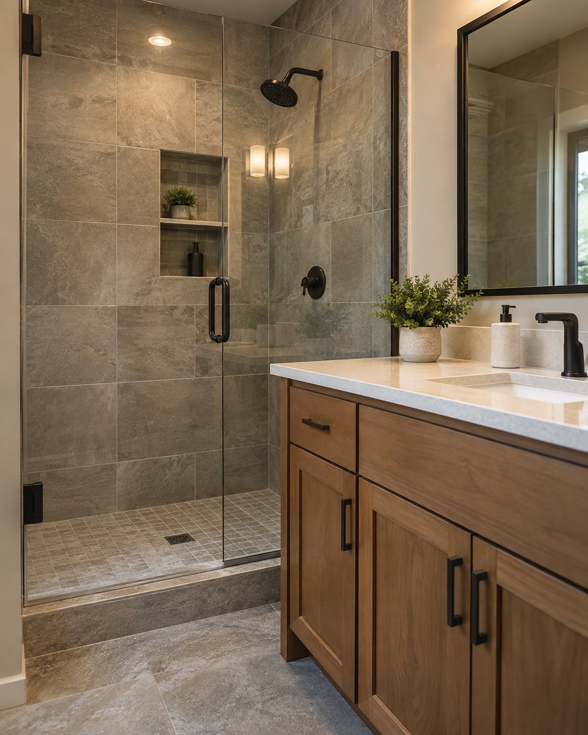 Walk-in tiled shower next to warm wood vanity and black fixtures