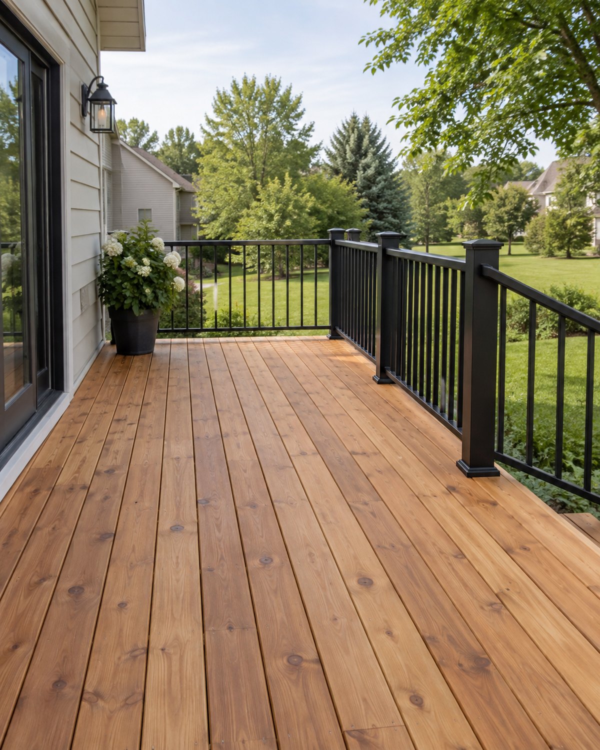 Cedar deck boards and dark railing overlooking a green yard