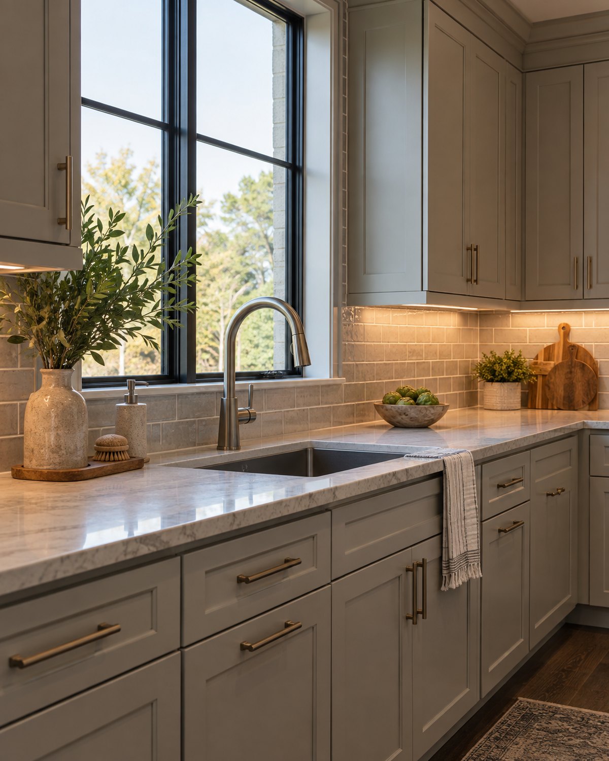 Kitchen cabinets, stone counter, sink, and light tile backsplash