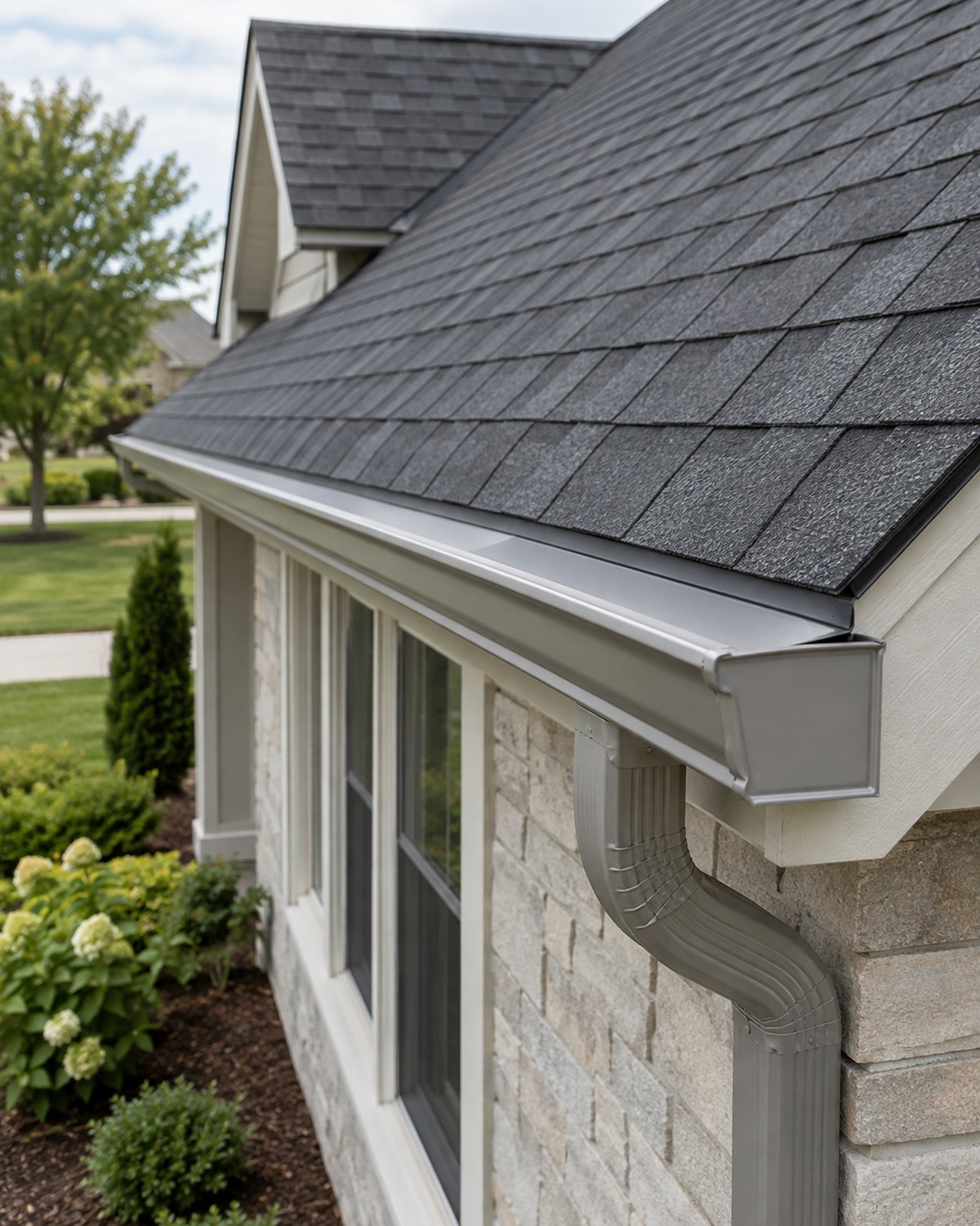 Close view of fresh charcoal shingles, roof edge, and gutters