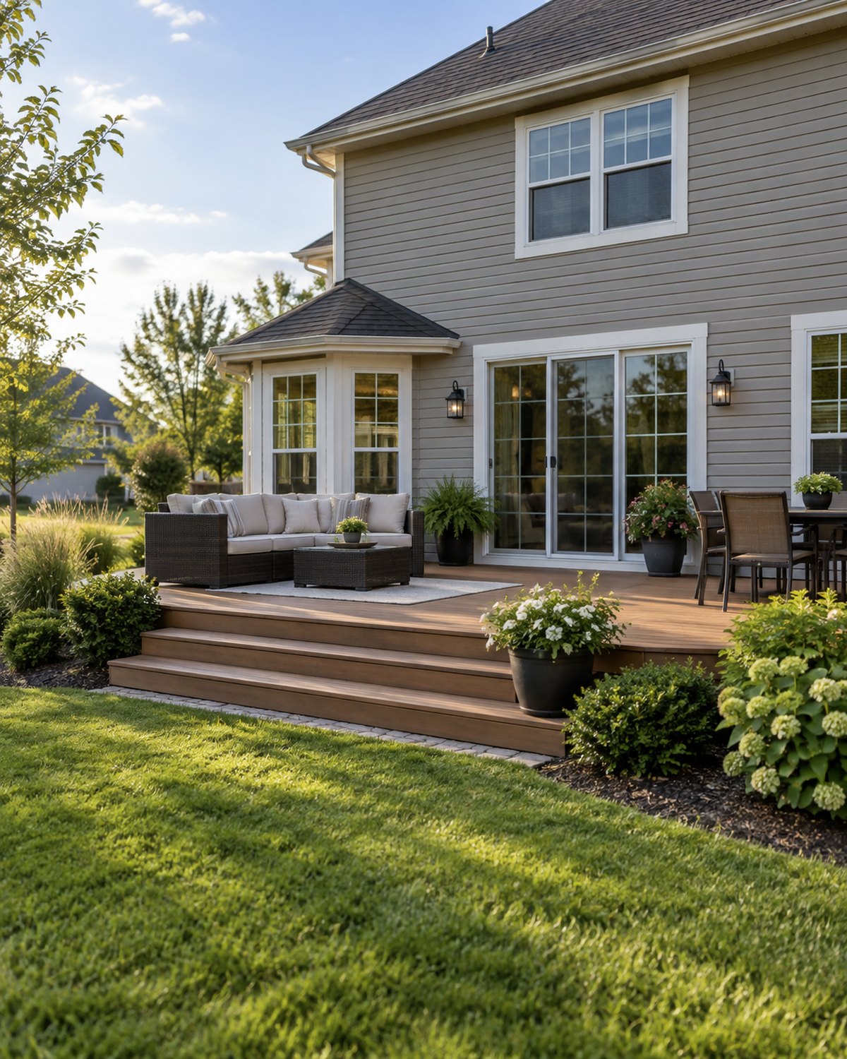Indiana suburban home deck and yard connection