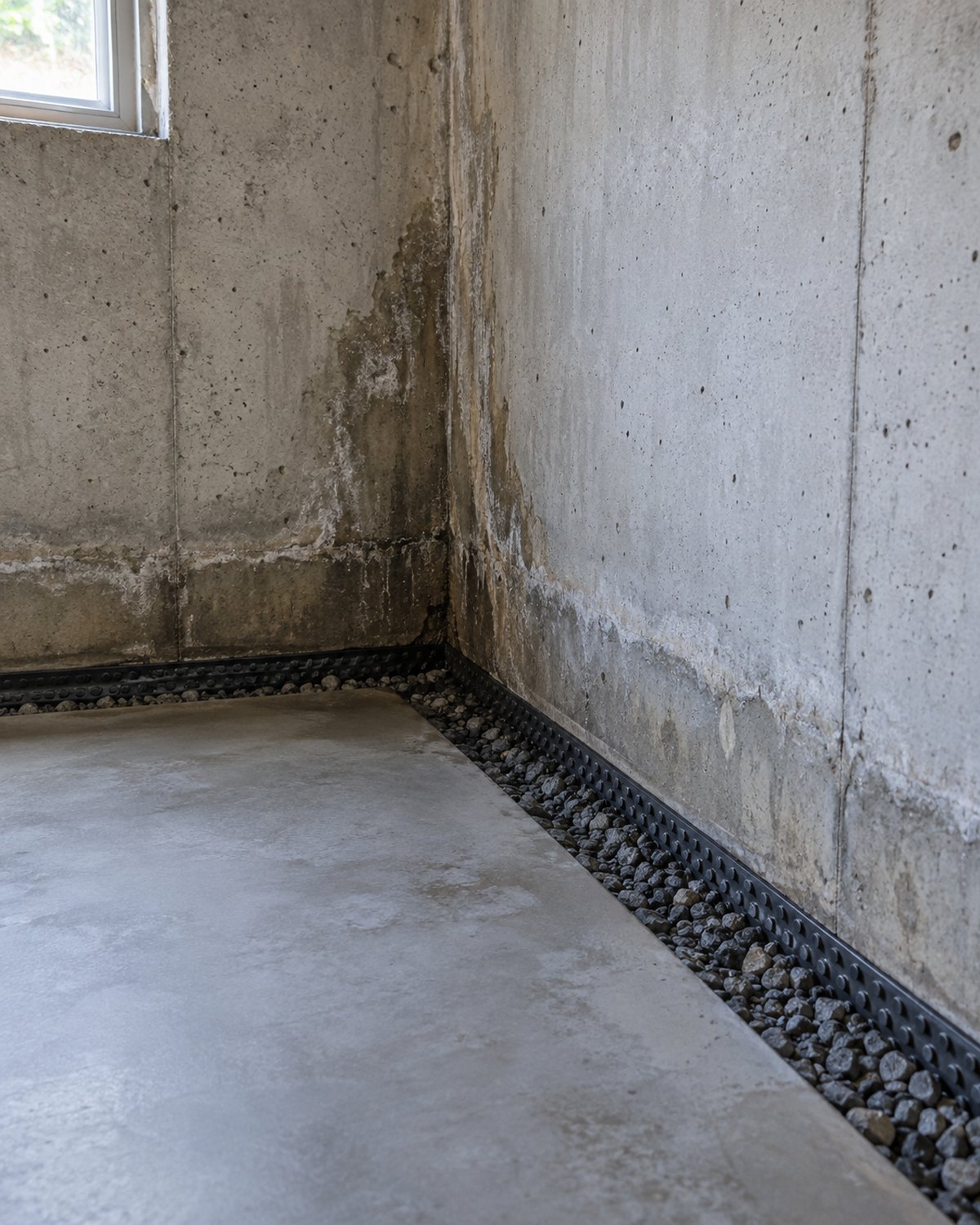 Basement foundation corner and drainage detail in a Midwest house