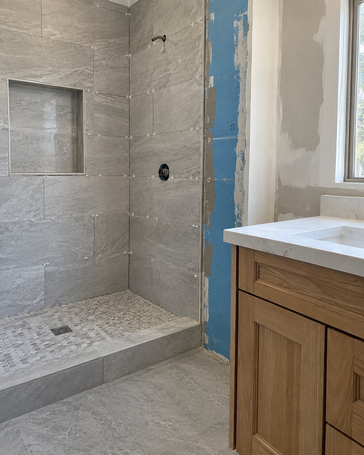 Bathroom wall and shower details during a renovation