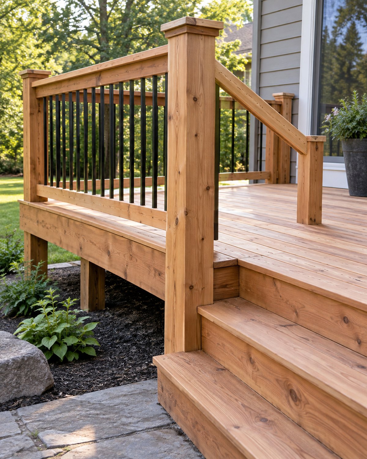 Deck footing and railing construction details at a suburban home