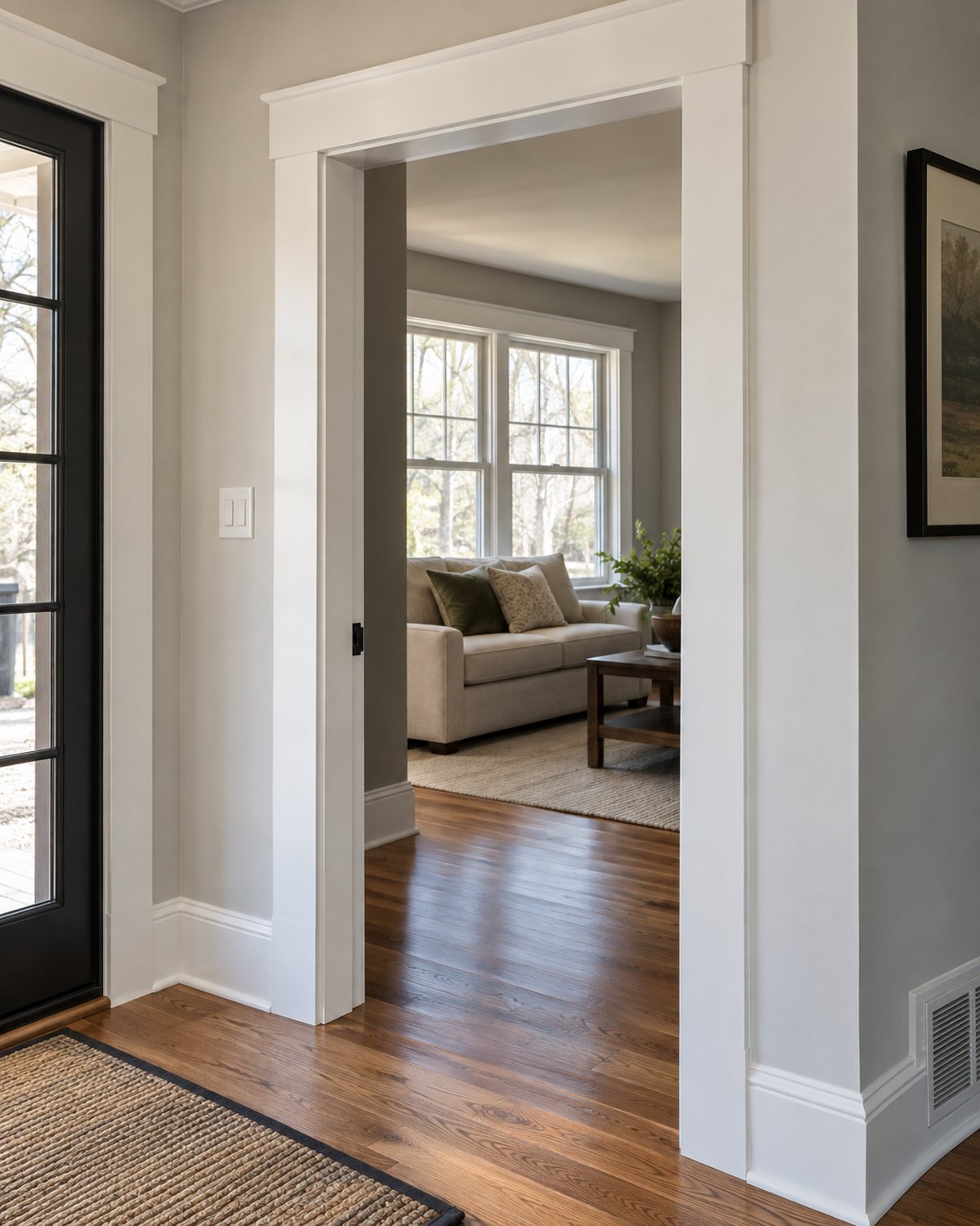 Renovated home interior showing trim, flooring, and a doorway