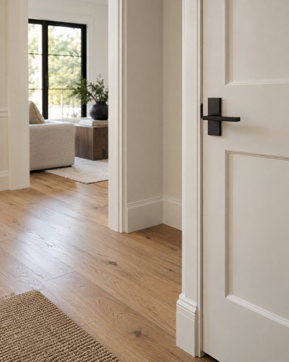 Completed warm-toned home renovation detail with wood and black finishes