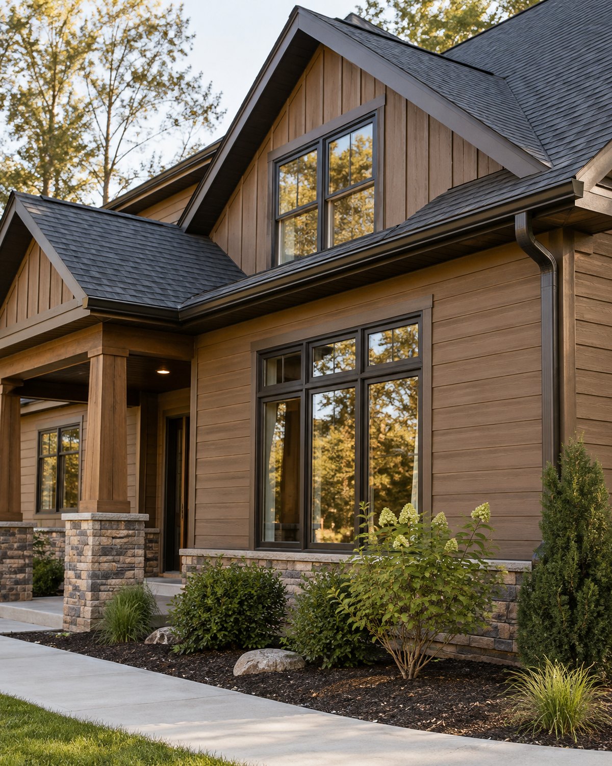 Close detail of a renovated home exterior with siding and roof edge